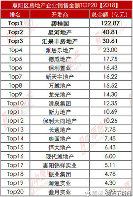 2018年惠州房企龙虎榜 TOP20门槛提高至20亿